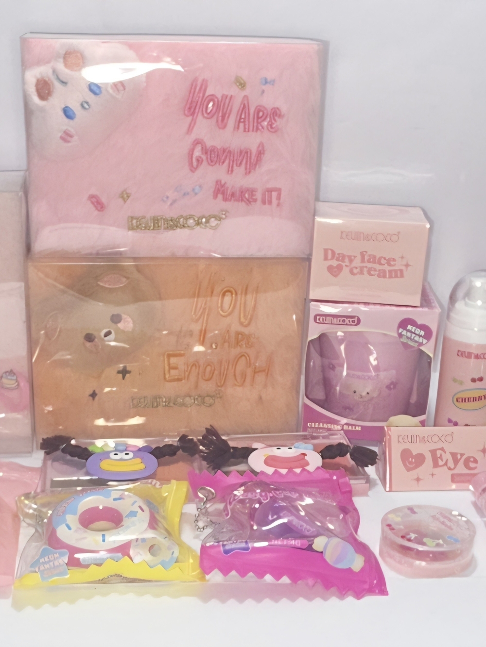 Assortment of beauty and makeup products from the Kevin & Coco brand